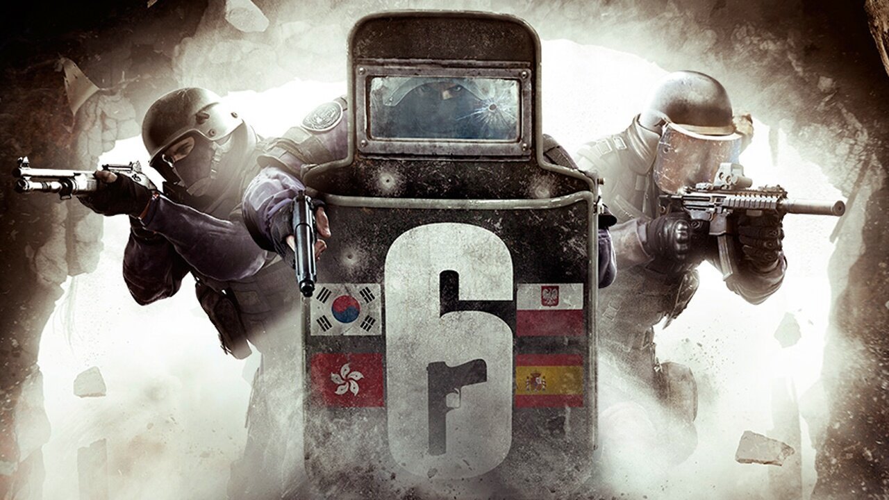 Tom Clancy's Rainbow Six. Three operators breach through a wall behind a central ballistic shield marked with a prominent white 6 and small country flags.