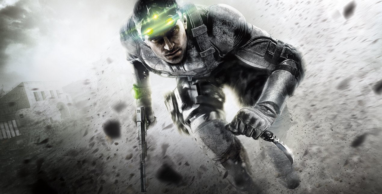 Splinter Cell: Blacklist. Sam Fisher stands in shadow against a light, dust-swept background.