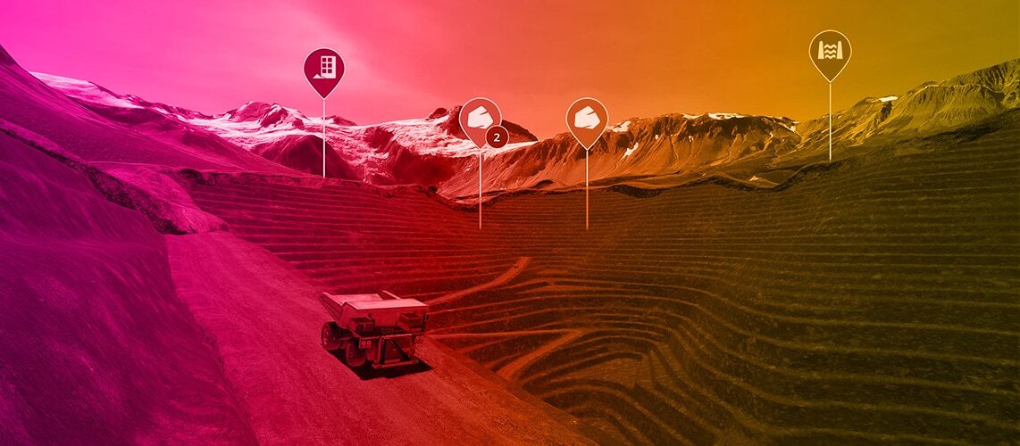LlamaZOO enterprise digital twin showing an industrial 3D visualization of a mine operation.
