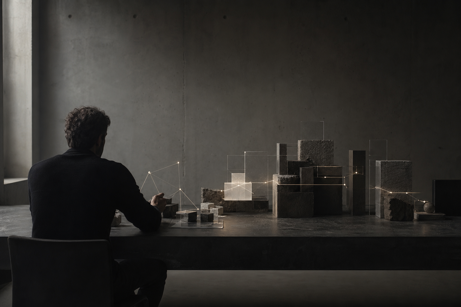 A solitary figure faces a tactile system model as a resolved element becomes part of the structure.